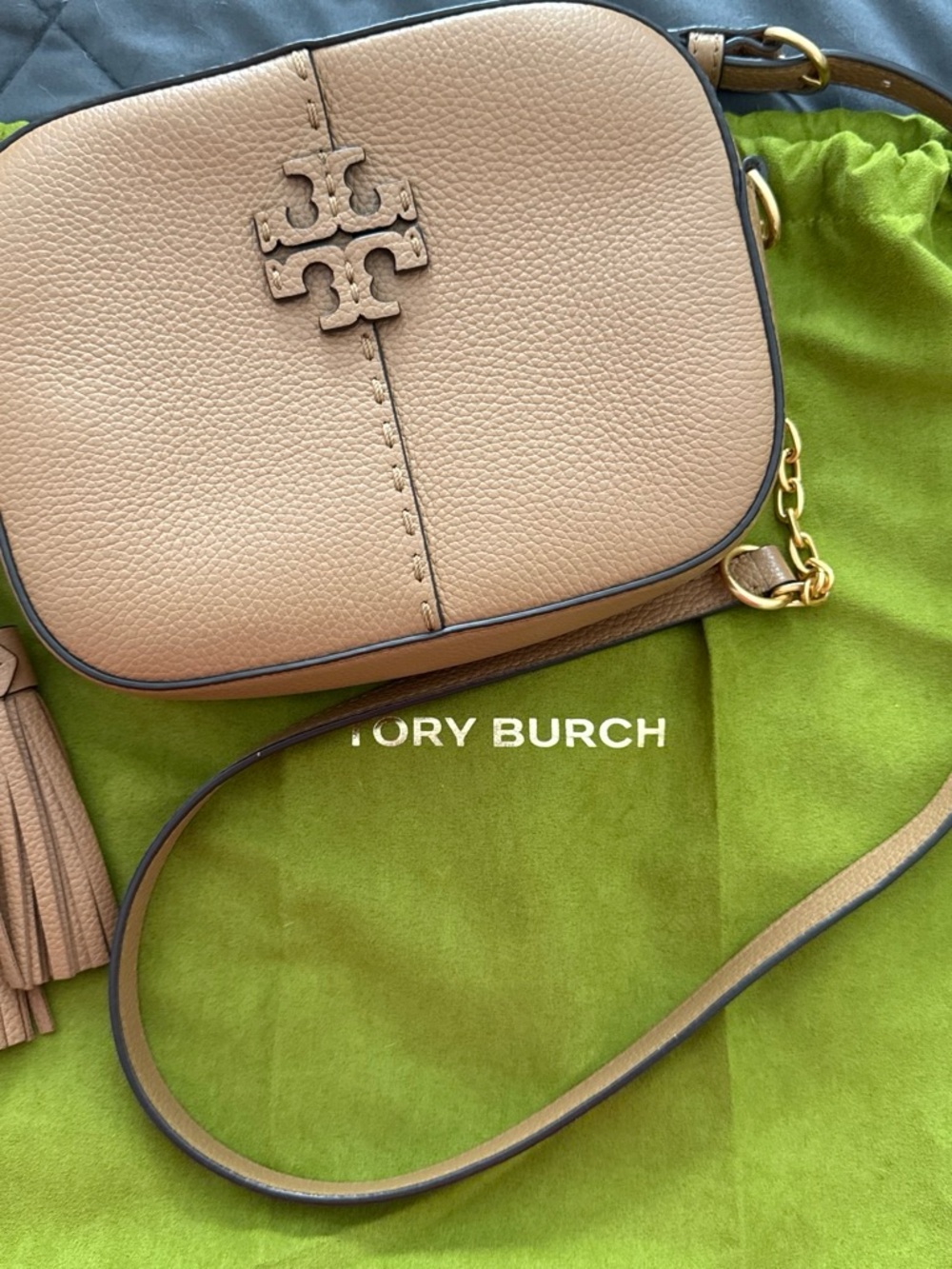 Tory Burch Beige Pebbled Leather Crossbody Camera Bag